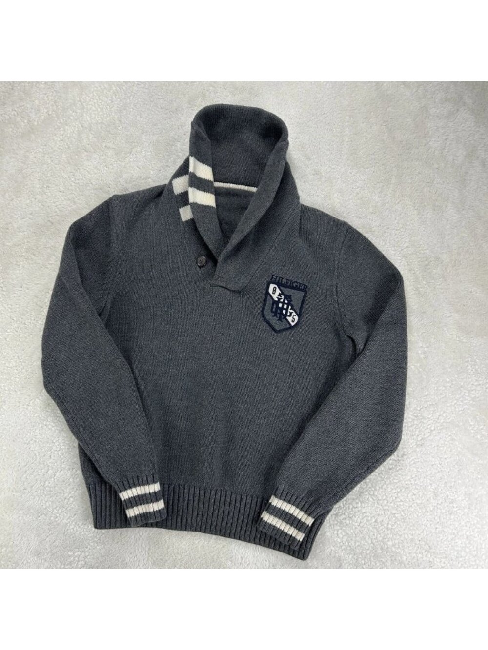 TOMMY HILFIGER Shawl Neck Knit Cotton Jumper Sweater Men Sm Gray VR1827 “Read”